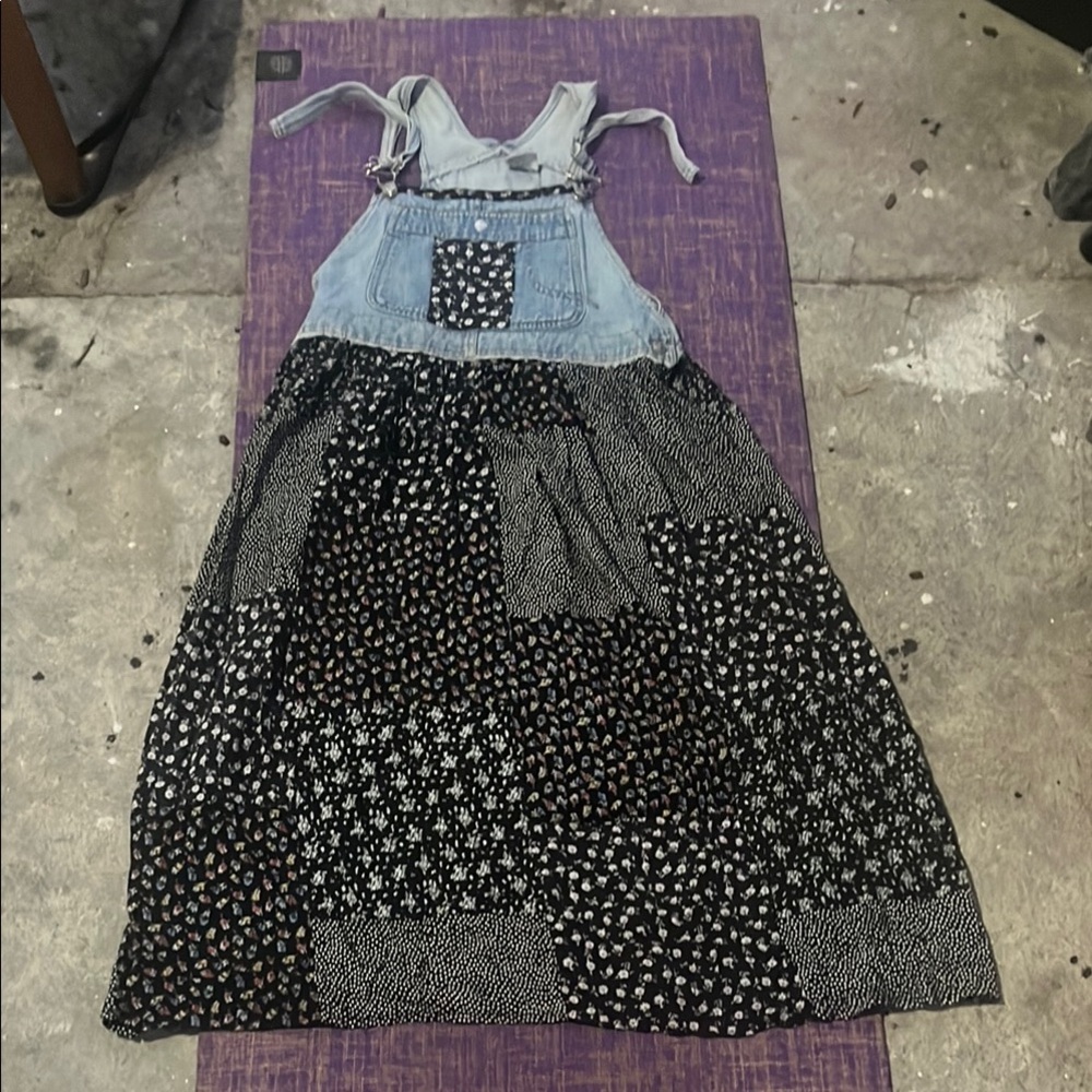 Boho Patchwork Maxi Dress with Denim Bib - Black Mix